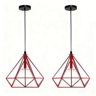 2x Lampe De Plafond En Fer Plafonnier Vintage En Forme De Cage De Diamant 25cm Lustre Rétro Rouge