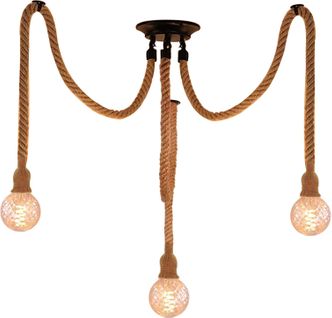 Lampe à Suspension En Corde De Chanvre 3xe27 Plafonnier Vintage Lampe Suspendue Rétro
