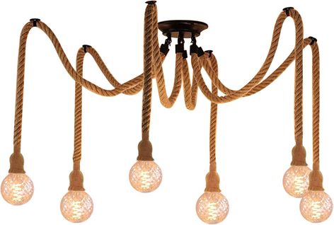 Lampe à Suspension En Corde De Chanvre 6xe27 Plafonnier Vintage Lampe Suspendue Rétro