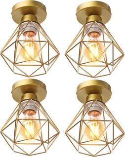 4pcs Plafonnier Industriel Métal Luminaire Cage Diamant Lampe De Plafond Or