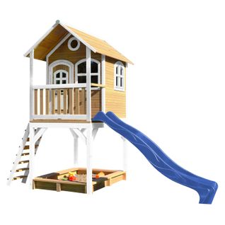 Sarah Maison Enfant Avec Bac à Sable et Toboggan Bleu - Aire De Jeux Pour L'extérieur En Marron et
