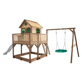 Liam Maison Enfant Avec Bac à Sable, Balançoire Nid D'oiseau Vert et Toboggan Blanc