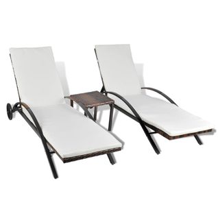 Chaises Longues Avec Table Et Coussins En Polyrotin Marron, Dossier Réglable