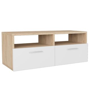 Meuble TV En Bois Contreplaqué Chêne Blanc 95x35x36 Cm 2 Armoires 2 Étagères Rangement