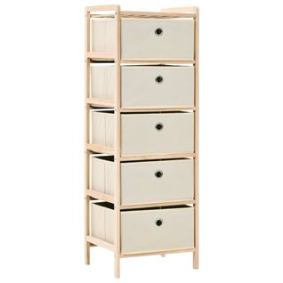 Étagère Rangement Lot 1 Bois Cèdre Beige Avec 5 Paniers Tissu 32x26x93 Cm