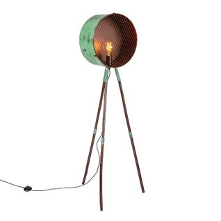 Lampadaire Vintage Sur Trépied En Bambou Vert Avec Cuivre - Canon