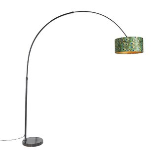 Lampe D'arc Botanique Abat-jour En Velours Noir Motif Paon 50 Cm - XXL