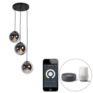 Suspension Intelligente Noire Avec Verre Fumé 3 Lumières Avec Wifi St64 - Pallon