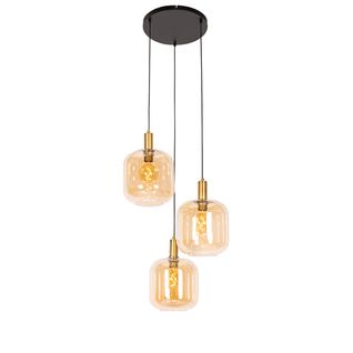 Suspension Design Noire Avec Laiton Et Verre Ambré 3 Lumières - Zuzanna