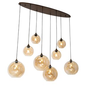 Lampe à Suspension Art Déco Bronze Foncé Avec Verre Ambré Ovale 8 Lumières - Sandra