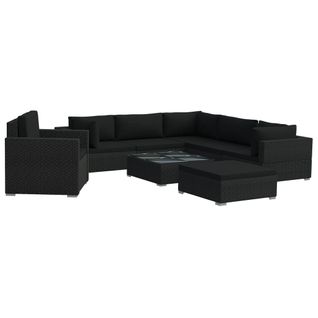 Salon De Jardin 8 PCs Avec Coussins Résine Tressée Noir