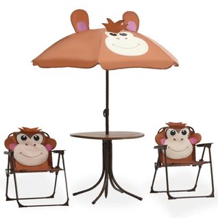 Petit Salon De Jardin Pour Enfant Avec Parasol Singe Rigolo - 38x28x50 Cm - Marron Clair