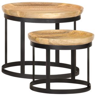 Tables D'appoint Rondes 2 Pièces Bois De Manguier Solide Et Acier