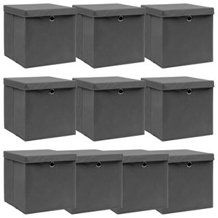 Lot De 10 Boîtes De Rangement Pliables Avec Couvercles Gris 32x32x32 Cm Tissu Non Tissé