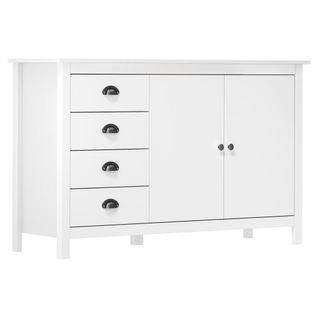 Buffet 2 Portes 4 Tiroirs En Pin Massif Blanc, Meuble De Rangement Robuste