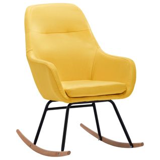 Chaise à Bascule En Tissu Jaune Moutarde Avec Coussin Rembourré Et Pieds En Bois De Hêtre