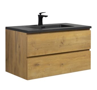 Meuble De Salle De Bain Angela 90 Cm - Lavabo Noir - Chêne - Meuble Bas Meuble Vasque Meuble Vasque