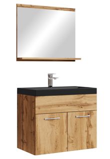 Meuble Vasque Montreal 60 Cm Avec Lavabo Et Miroir - Noir Et Chêne