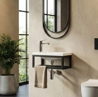 Meuble Lave Mains Mesa 40 X 22 Cm – Blanc Mat Avec Structure Noire – Meuble Suspendu Pour Wc Ou