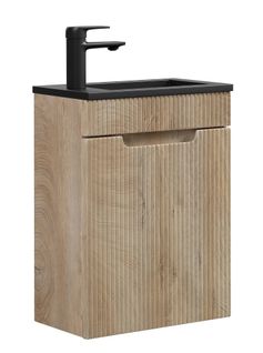 Meuble De Toilette Thermis 40 X 22 Cm   Chêne Clair   Meuble Lavabo Avec Vasque Noire