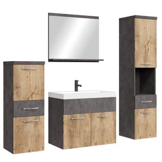 Meuble De Salle De Bain Alba 60 X 35 Cm   Gris Foncé Avec Chêne Châtaignier   Meuble Avec Miroir Et