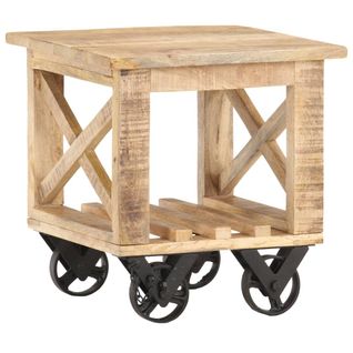 Table D'appoint Avec Roues 40x40x42 Cm Bois De Manguier Brut