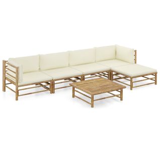 Salon De Jardin 6 Pièces Avec Coussins Blanc Crème Bambou