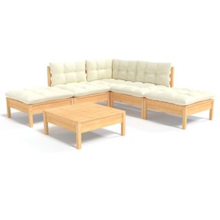 Salon De Jardin 6 Pièces Avec Coussins Crème Bois De Pin