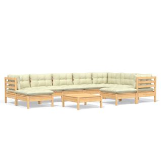 Salon De Jardin 10 PCs Avec Coussins Crème Bois De Pin Solide
