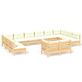 Salon De Jardin 12 PCs Avec Coussins Crème Bois De Pin Massif