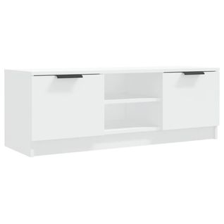 Meuble TV Blanc 102x35x36,5 Cm Bois Contreplaqué 2 Compartiments Fermés Ouverts