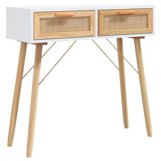 Table Console Blanc 80x30x75 Cm Bois Massif Pin /rotin Naturel