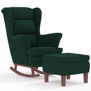 Fauteuil à Bascule à Oreilles En Velours Vert Foncé Bois Massif