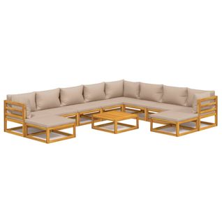 Salon De Jardin 11 PCs Avec Coussins Taupe Bois Massif