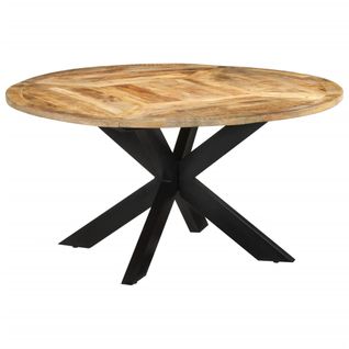 Table à Manger Ronde 150 Cm Bois De Manguier Massif Noir Avec Pieds En Fer