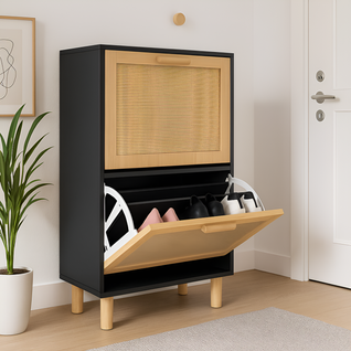 Armoire à Chaussures Noir 52x25x80 Cm Bois D'ingénierie/rotin