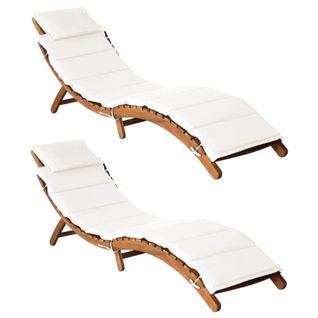 Lot De 2 Chaises Longues Et 2 Coussins En Acacia Massif - Housse Crème/blanc - L184 X P55 X H64cm