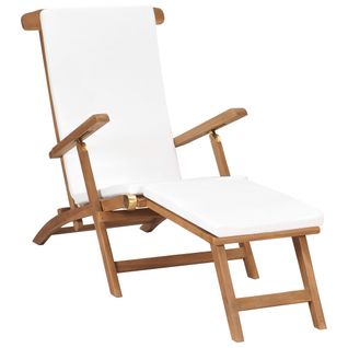 Chaise Longue Avec Coussin Blanc Crème Bois De Teck Solide