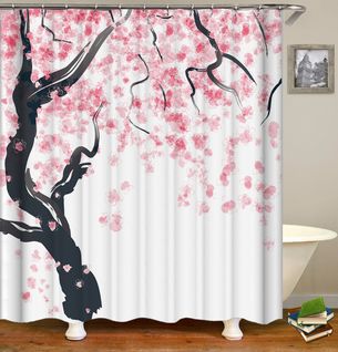Floral Rideau De Douche, 180 Cm X 200 Cm, Rose Noir, Arbre De Fleurs De Cerisier, Tissu Ensemble