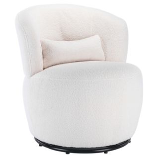 Fauteuil Tournant En Peluche Teddy Blanc, Avec Coussin Lombaire Et Base Métallique Pivotante