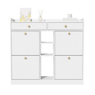 Meuble à Chaussures Élégant Avec 4 Portes Battantes, 2 Tiroirs, 3 Compartiments Ouverts, Blanc