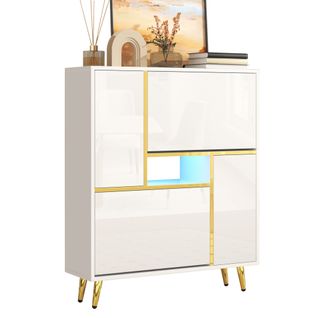 Armoire à Chaussures Moderne Avec Façades Brillantes,portes à Étagères Réglables,led Couleurs, Blanc