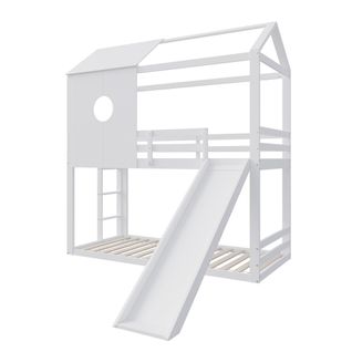 Lit Superposé Cabane En Bois Avec Toboggan , Avec Rail De Protection , 90 X 200 Cm ,  Blanc
