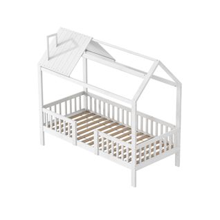 Lit Cabane De 90 X 200 Cm, Pour Enfant Avec Rail De Protection, Cadre à Lattes En Pin Massif, Blanc