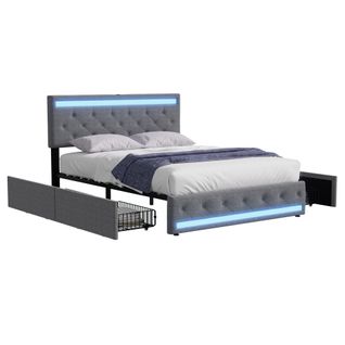 Lit 140x190 Cm Avec Sommier LED Et USB,lit Double Rembourré Avec Sommier à Lattes Et 4 Tiroirs, Gris