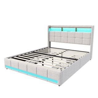 Lit Double Rembourré 140 X 190 Cm, Avec 4 Tiroirs De Rangement, LED, Station De Charge USB, Beige