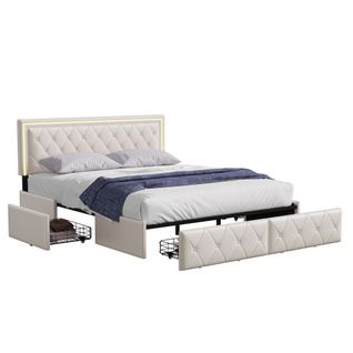 Lit Capitonné LED 160 X 200 Cm, Avec 2 Tiroirs Et Sommier à Lattes, Tête De Lit Réglable, Pu, Beige