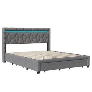 Lit Coffre 160x200, Lit 2 Personnes Avec LED, Lit Capitonné Avec 4 Tiroirs De Rangement, Lin, Gris