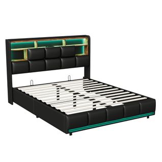 Lit Coffre 160x200cm Avec Sommier, LED Et USB Et Sommier à Lattest, Fonction De Charge, Pu, Noir