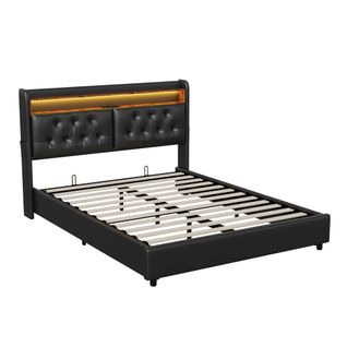 Lit Double 140 X 200 Cm, Lit Double Avec USB Et LED, Lit Rembourré Avec Sommier à Lattes, Pu, Noir